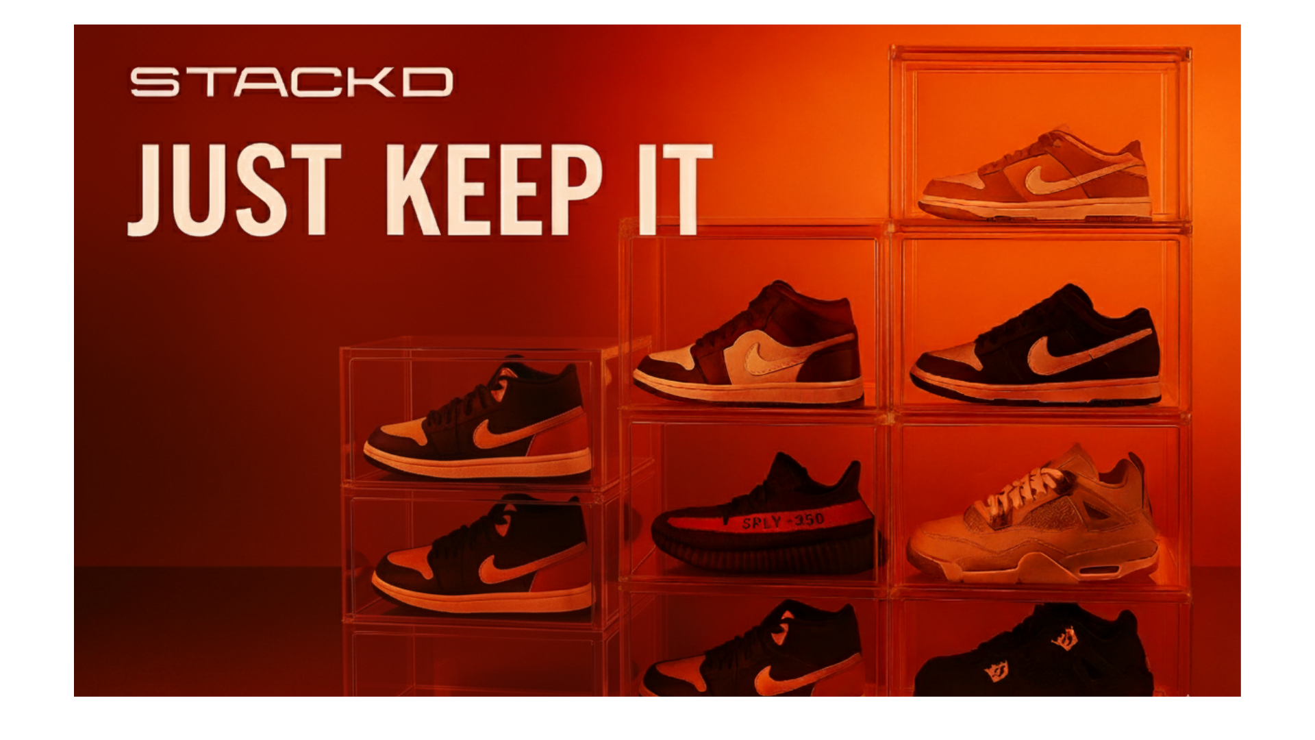 Stacked shoes in clear containers with 'STACKD' branding and 'JUST KEEP IT' text on an orange background.